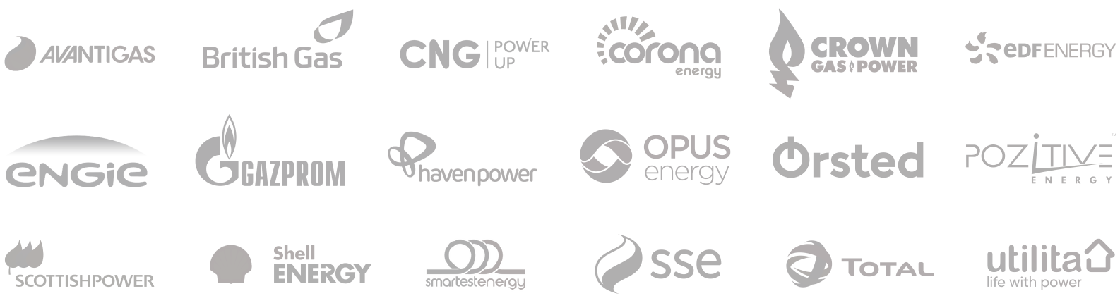 Avantigas, British Gas, CNG, Corona Energy, Crown Gas and Power, EDF Energy, Engie, Gazprom, Haven Power, Opus Energy, Orsted, Pozitive Energy, ScottishPower, Shell Energy, SmartestEnergy, SSE, Total and Utilita